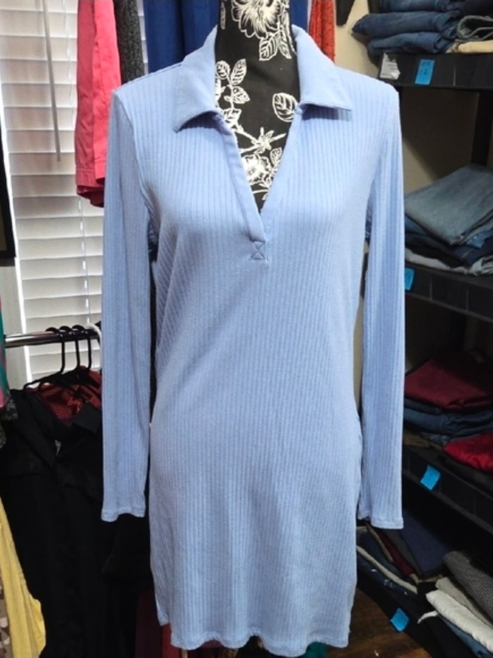 Divided Light Blue Ribbed Collared Long Sleeve Tunic Dress